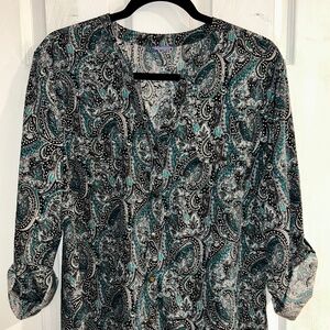 Lauren Scott Teal and Grey Paisley Print Women's Blouse Size L